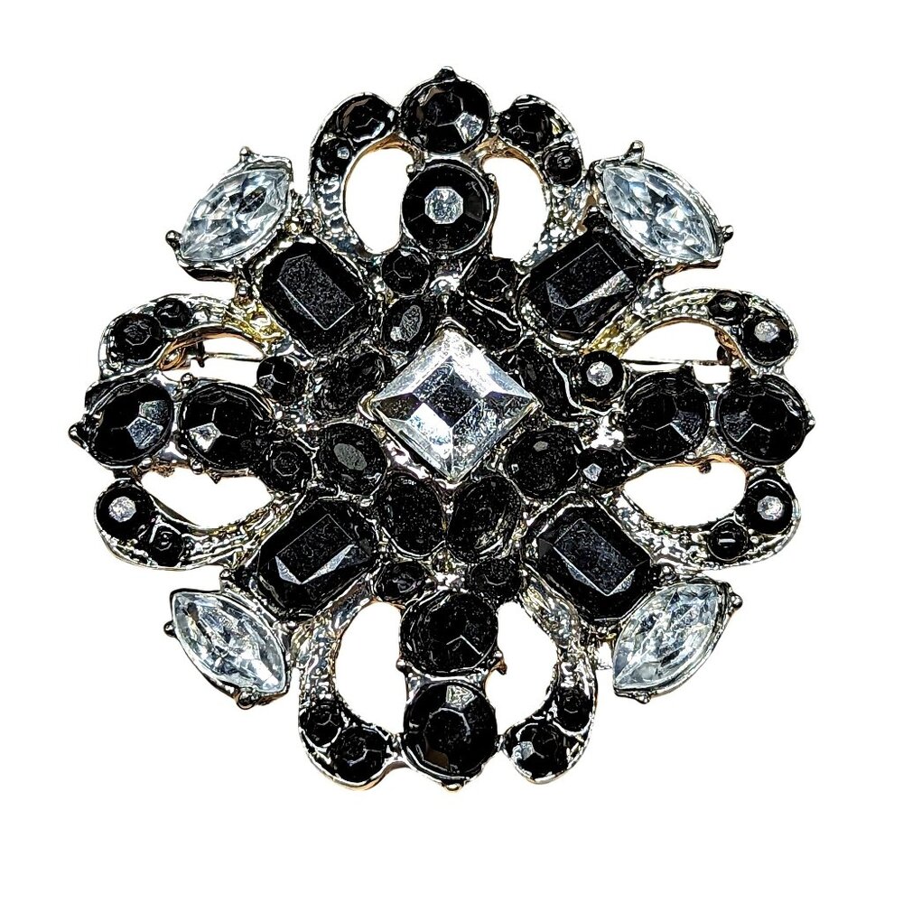 Vintage Black & Clear Rhinestone Brooch Pin With Ornate Silver-Tone Filigree